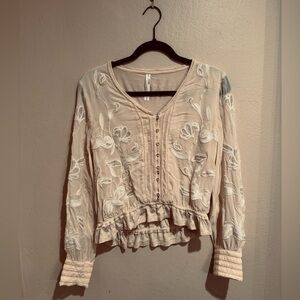 Anthropologie Peachy Cream Embroidered Blouse with Button Detail